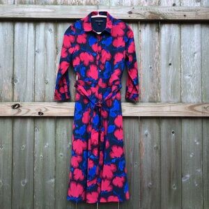Banana Republic Blue and Red Floral Midi Dress Button Front 3/4 Sleeve
